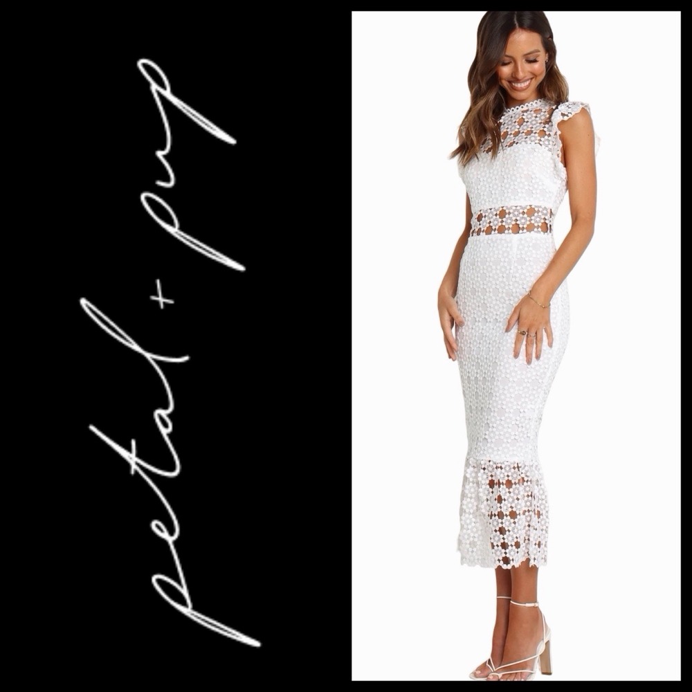 Petal & Pup Lauren White Lace Midi Dress Sz 2 Bridal Cocktails Formal Derby Day